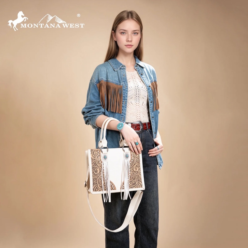 Montana West Tooled Concho Tote/Crossbody -Beige - Picture 6 of 6